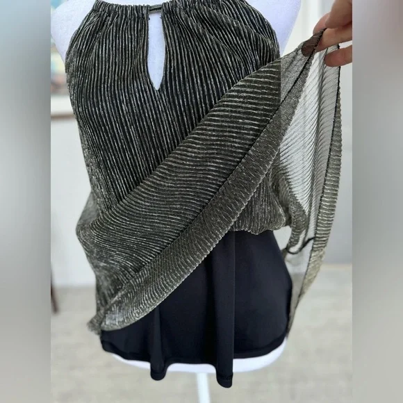 Metallic Black Gold Pleated Halter Top Sheer Overlay Date Night Party XS - Picture 6 of 12